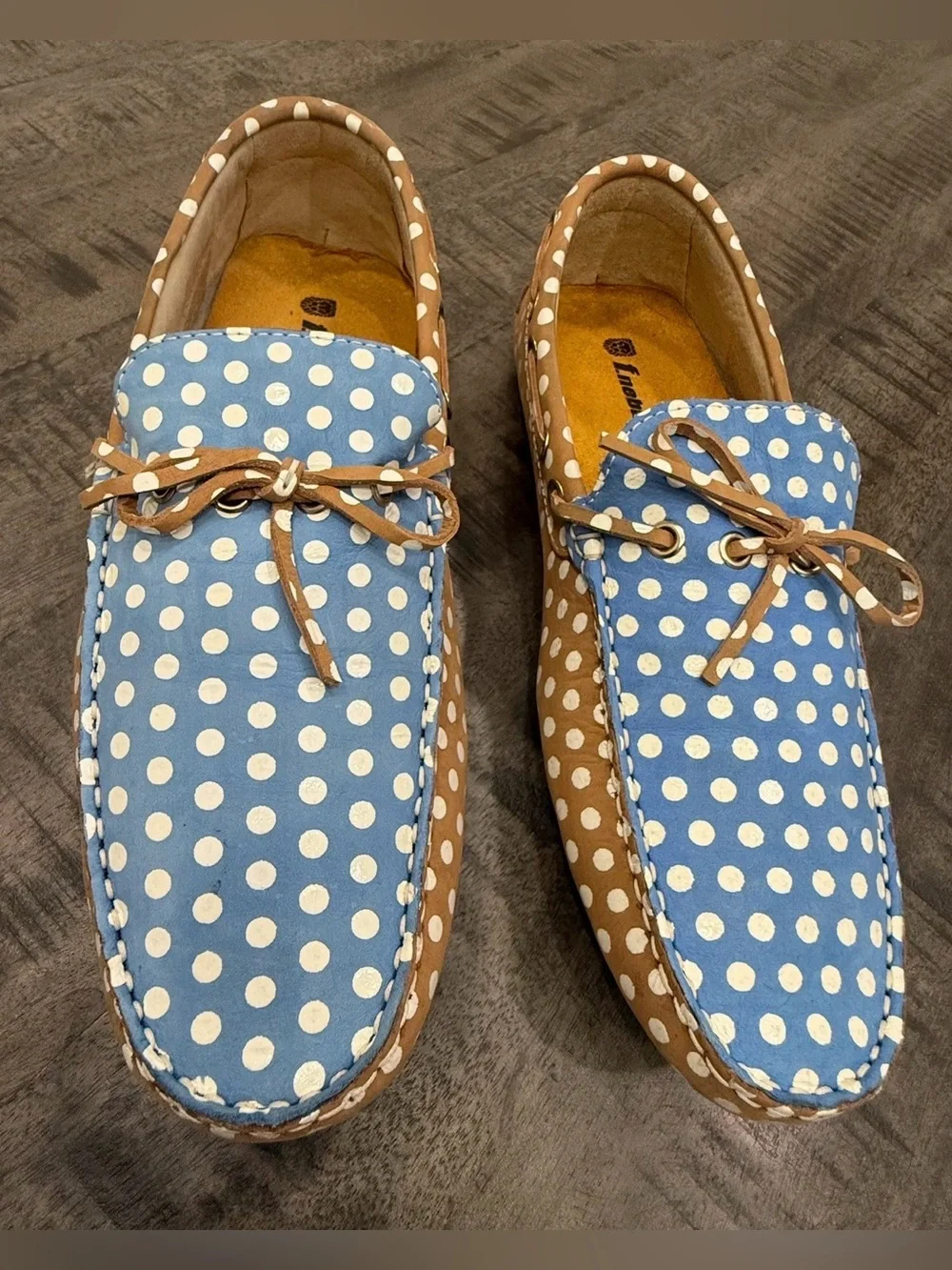 VINTAGE/Polka Dot Tan Driving Loafers with Blue Interior